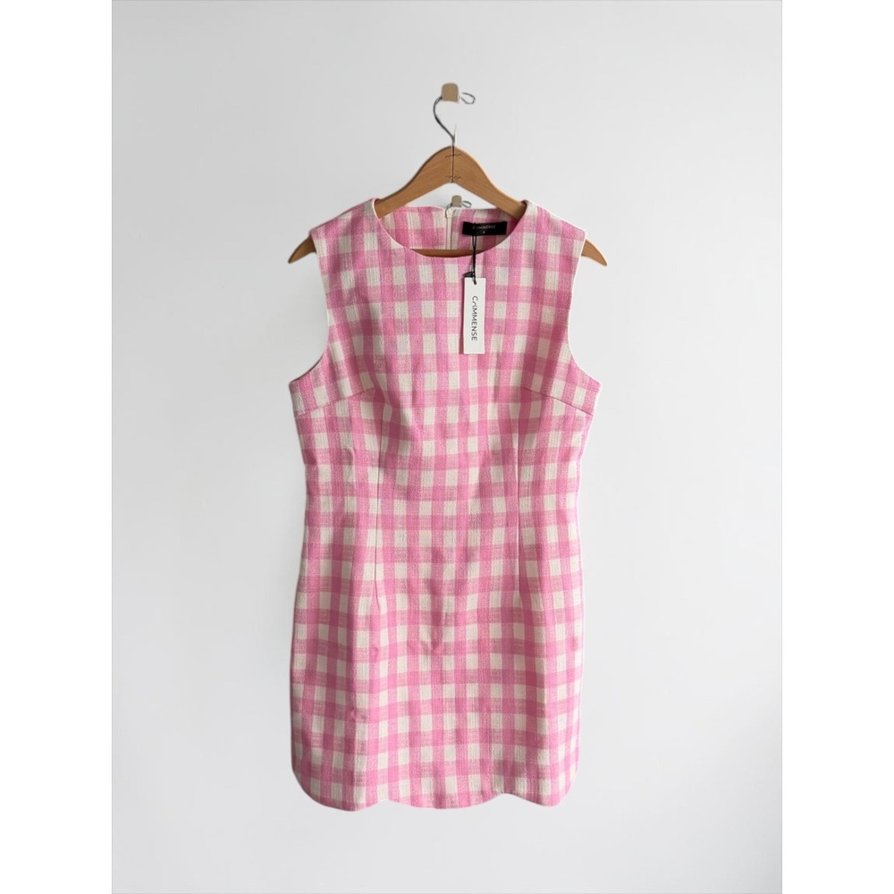 Commense Pink Gingham Tweed Scalloped Hem Mini Dress Size M NWT
